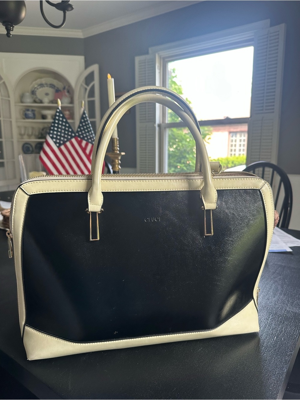 Cluci Black and Beige Vegan Leather Brief Case